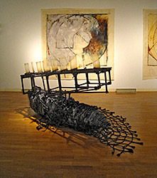 Contemporary art installation on wooden floor