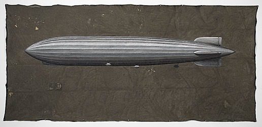 Airship drawing on dark fabric background