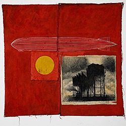 Airship over industrial scene on red canvas