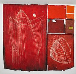 Red and white abstract art piece
